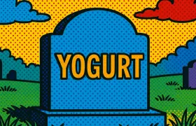 Pop art gravestone reading YOGURT in a cartoon cemetery