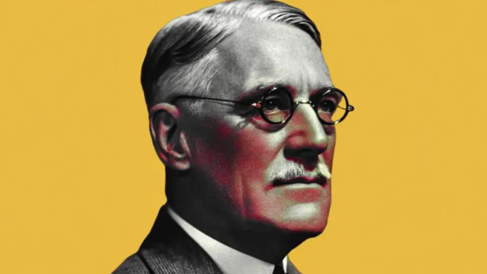 Louis Dapples portrait, Nestlé chairman, round eyeglasses on yellow background