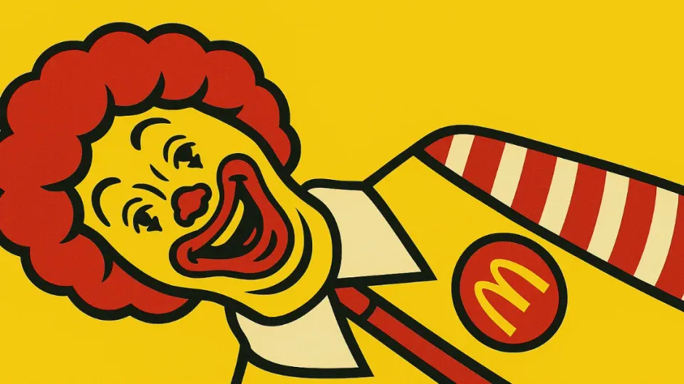 Cartoon Ronald McDonald clown face laughing on yellow background