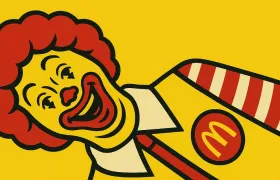 Cartoon Ronald McDonald clown face laughing on yellow background