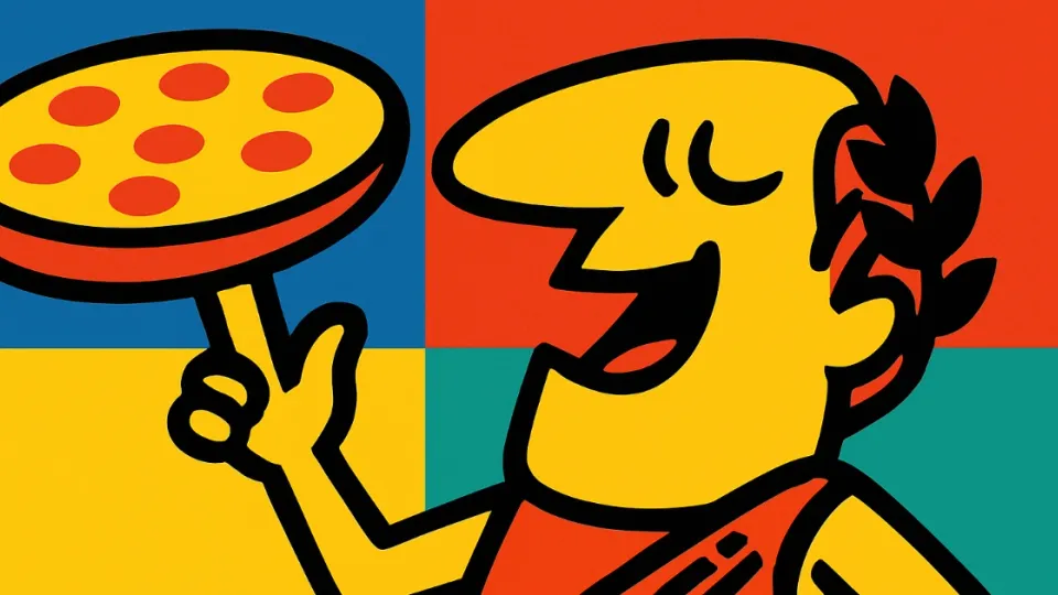 Cartoon Little Caesar in a laurel wreath spinning a pepperoni pizza on his finger