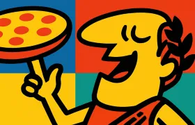 Cartoon Little Caesar in a laurel wreath spinning a pepperoni pizza on his finger