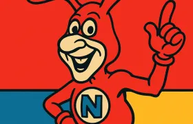 Red cartoon Noid character with rabbit ears pointing one finger up