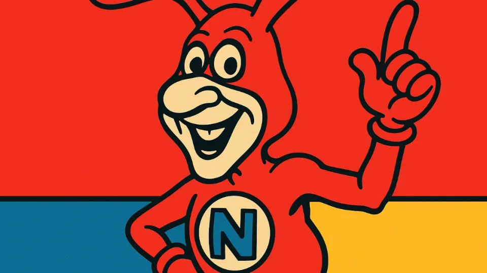 Red cartoon Noid character with rabbit ears pointing one finger up