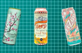 Three AriZona cans, green tea, hard peach and peach iced tea