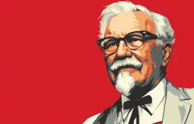 Colonel Sanders illustration in white suit and bow tie, red background