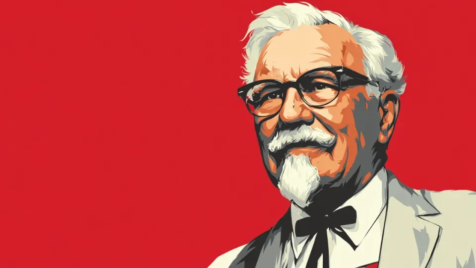 Colonel Sanders illustration in white suit and bow tie, red background