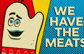 Arby’s oven mitt mascot cartoon beside We Have The Meats slogan