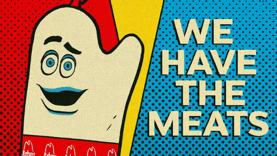 Arby’s oven mitt mascot cartoon beside We Have The Meats slogan