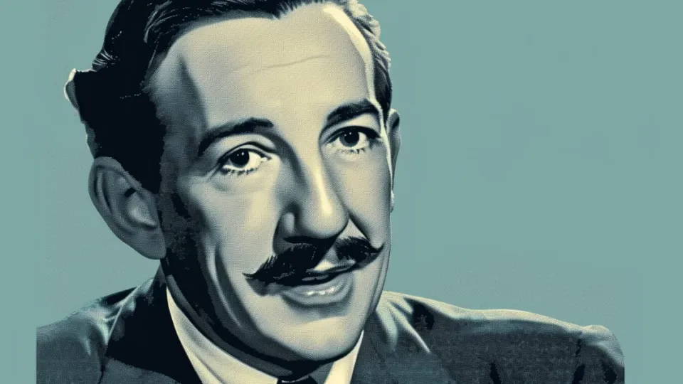 Walt Disney portrait in muted teal, the Disney founder in a suit and tie
