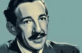 Walt Disney portrait in muted teal, the Disney founder in a suit and tie