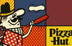 Pizza Pete cartoon mascot tossing dough beside the Pizza Hut logo
