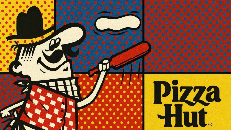 Pizza Pete cartoon mascot tossing dough beside the Pizza Hut logo