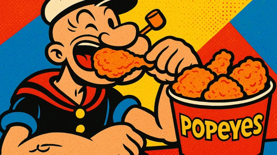 Popeye the Sailor cartoon eating fried chicken beside a red Popeyes bucket