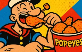 Popeye the Sailor cartoon eating fried chicken beside a red Popeyes bucket