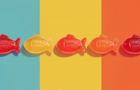 Five red, yellow, and orange gummy fish candies in a row