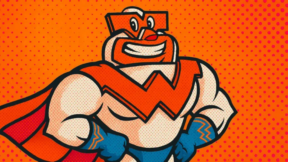 Cartoon Whataguy superhero mascot with orange W on his chest