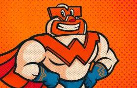 Cartoon Whataguy superhero mascot with orange W on his chest