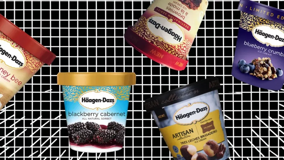 Five discontinued Häagen-Dazs ice cream pints including blueberry crumble and blackberry cabernet