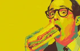 Pop art man in glasses biting into a large submarine sandwich