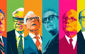 Pop-art portrait panels of six banking executives in dark suits