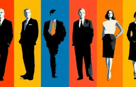 Pop-art silhouettes of six business executives on colored vertical stripes