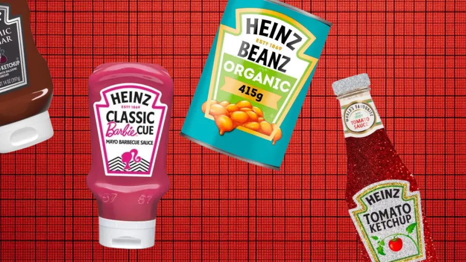 Heinz Balsamic Ketchup, Barbie-Cue mayo, Organic Beanz can and glitter ketchup bottle