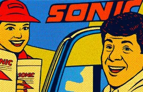 Pop-art Sonic Drive-In carhop handing an order to a smiling driver