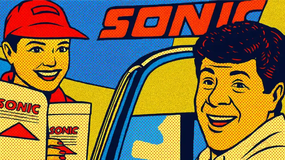 Pop-art Sonic Drive-In carhop handing an order to a smiling driver