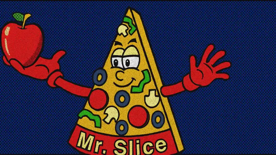 Papa John’s Mr. Slice pizza mascot cartoon holding an apple