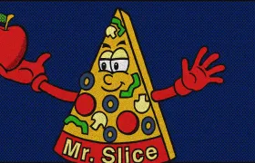 Papa John’s Mr. Slice pizza mascot cartoon holding an apple