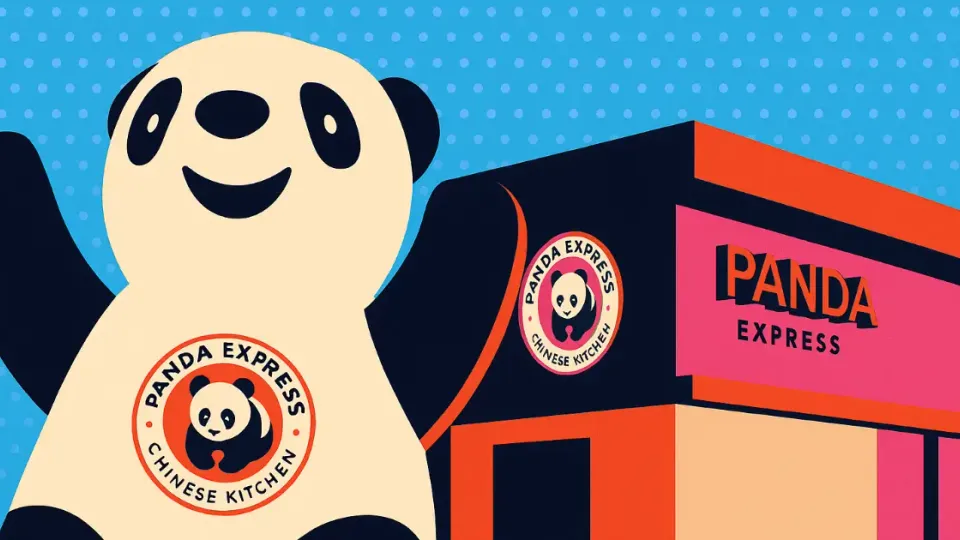 Cartoon panda mascot waving beside a Panda Express storefront and logo