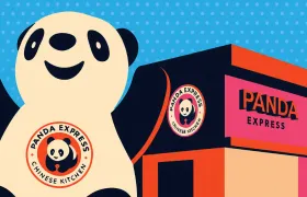 Cartoon panda mascot waving beside a Panda Express storefront and logo