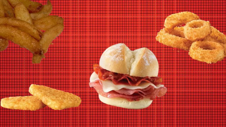 Arby’s curly fries, onion rings, potato cakes and a pizza slider