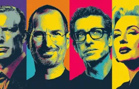 Pop art portraits of four tech executives including Steve Jobs