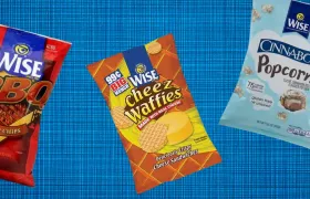 Wise BBQ chips, Cheez Waffies and Cinnabon Popcorn bags