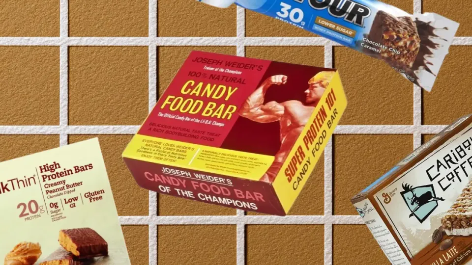 Collage of Detour, thinkThin, Weider, and Caribou Coffee protein bar boxes