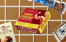 Collage of Detour, thinkThin, Weider, and Caribou Coffee protein bar boxes