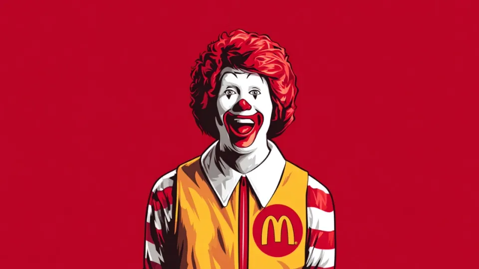 Illustrated smiling Ronald McDonald clown in yellow jacket with golden arches on red