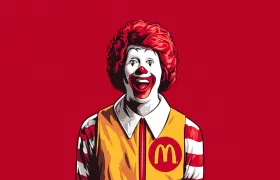 Illustrated smiling Ronald McDonald clown in yellow jacket with golden arches on red