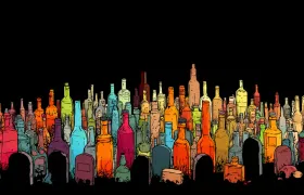 Colorful liquor bottles standing like tombstones in a graveyard illustration