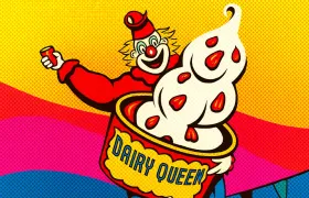 Cartoon Dairy Queen clown mascot popping out of a soft-serve cup