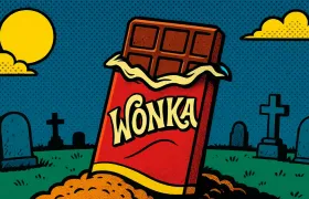 Wonka chocolate bar standing in a cartoon graveyard, pop art style