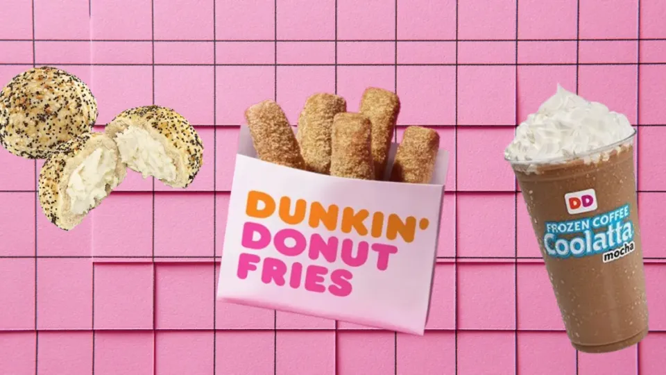 Dunkin' Donut Fries box, bagel minis and mocha Coolatta cup