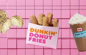 Dunkin' Donut Fries box, bagel minis and mocha Coolatta cup