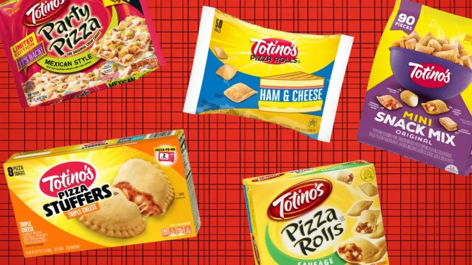 Totino's Party Pizza, Pizza Rolls, Pizza Stuffers, and Snack Mix packages