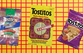 Three vintage Tostitos tortilla chip bags including nacho cheese and black bean