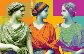 Pop-art collage of three ancient Greek women in draped robes