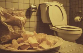 Potato chips on plate and open chip bag beside toilet