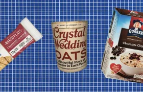 Quaker Baked Flats bar, Crystal Wedding Oats tin, Chocolate Chip oatmeal box